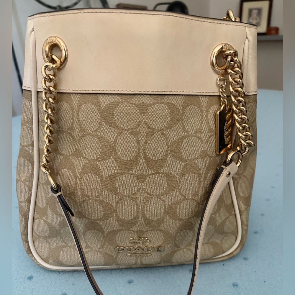 Coach Beige Signature Canvas Shoulder Bag with Gold Hardware
